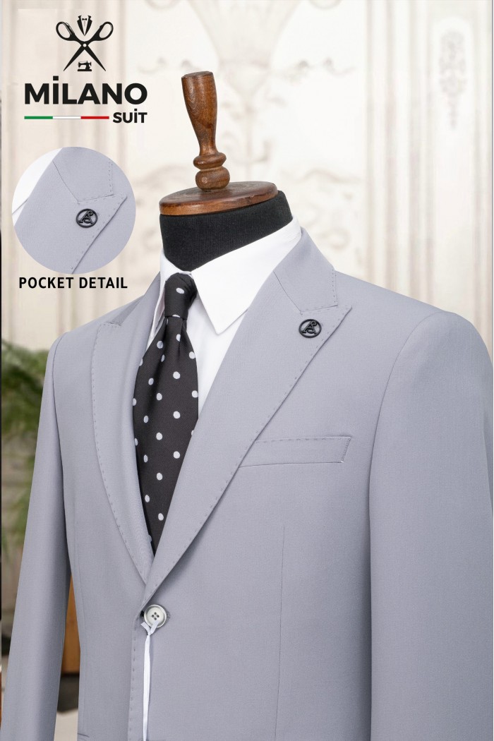 Alfa Suit Slim Fit Açık Gri Düz Takım Elbise