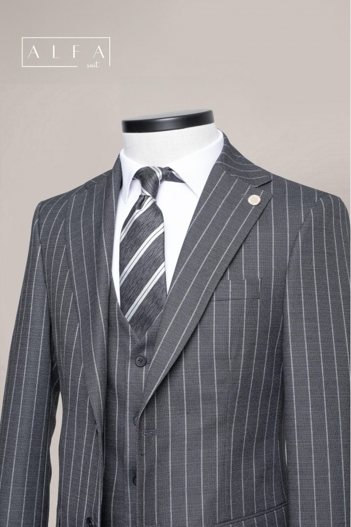 Alfa Suit Slim Fit Açık Gri Düz Takım Elbise