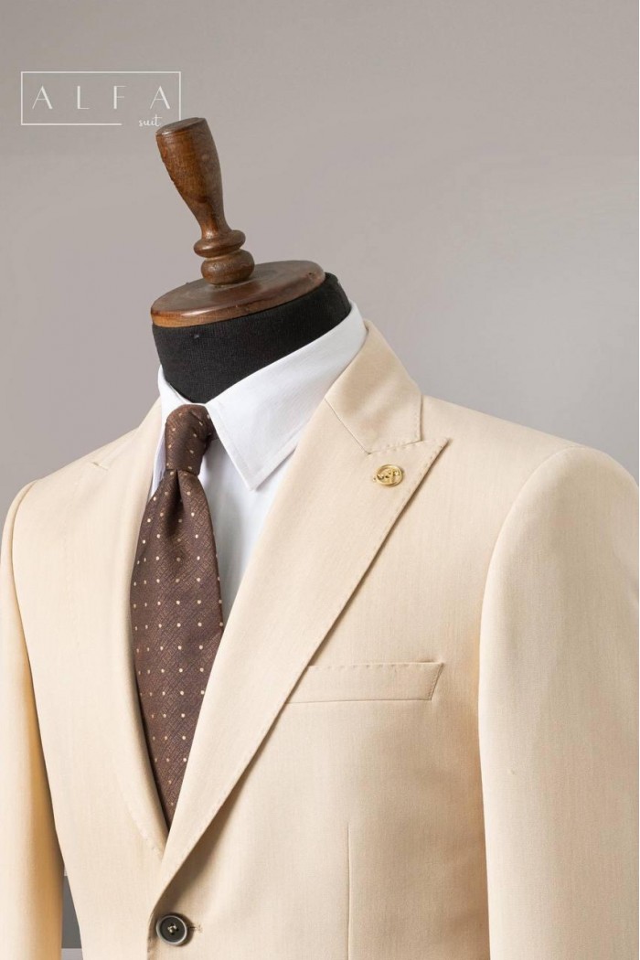Alfa Suit Slim Fit Bej Düz Takım Elbise