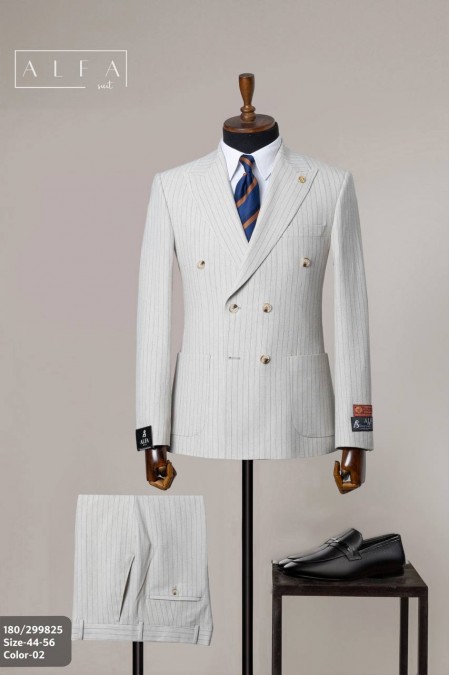 Alfa Suit Taş Rengi Çizgili Kruvaze Takım Elbise | Power Suit Serisi