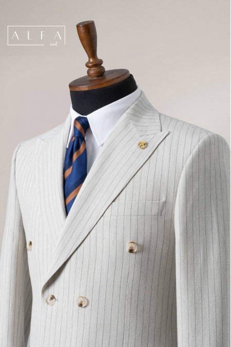 Alfa Suit Taş Rengi Çizgili Kruvaze Takım Elbise | Power Suit Serisi