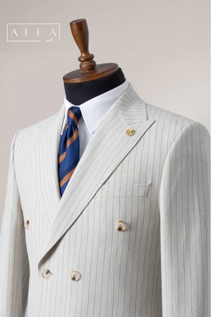 Alfa Suit Taş Rengi Çizgili Kruvaze Takım Elbise | Power Suit Serisi